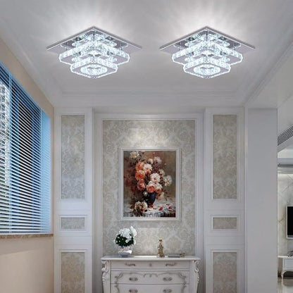 FRIXCHUR Crystal Ceiling Light Square Chandelier Modern LED Flush Mount 2 Layers Ceiling Lamp Lighting Fixture for Dining Room Living Room Bedrooms Kitchen Hallway Foyer (Cool White)