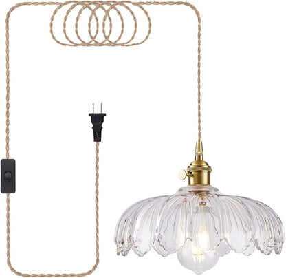 Plug in Pendant Light, Hanging Lights with Plug in Cord, Hanging Light Fixture with Green Glass, E26 Pendant Lighting for Kitchen Island, Bedroom, Dining Room-Clear