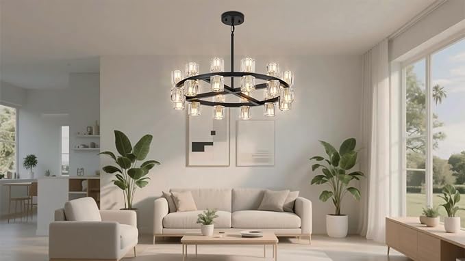 Modern 24 Inch Black Crystal Wagon Wheel Chandelier, Large Round 24-Light Pendant Lighting Fixture, Adjustable Height for High Ceilings Living Room, Dining Room, Foyer, Entryways (BLACK-24in)