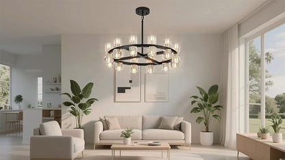 Modern 24 Inch Black Crystal Wagon Wheel Chandelier, Large Round 24-Light Pendant Lighting Fixture, Adjustable Height for High Ceilings Living Room, Dining Room, Foyer, Entryways (BLACK-24in)
