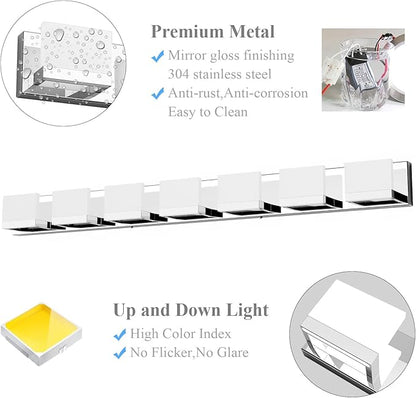 Tipace 8 Lights Modern LED Chrome Vanity Light for Bathroom Wall Light Up and Down LED Bathroom Light Fixtures Over Mirror(White Light 6000K)