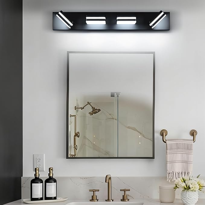 360° Rotate LED Dimmable Bathroom Vanity Light Fixtures, 1600LM Acrylic Matte Black Vanity Lights for Bathroom, Modern Wall Lighting Fixtures Over Mirror Kitchen Living (Natural White Light 5000K)