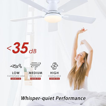 Mpayel 46 Inch Ceiling Fans with Lights and Remote, White Ceiling Fan with Light Flush Mount, Low Noise, Reversible, Dimmable, Modern Low Profile Ceiling Fan with Light for Bedroom Indoor Outdoor