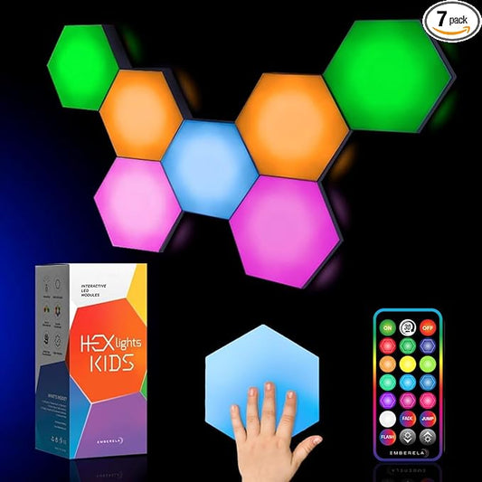 Emberela HEXlights Sensory Lights for Kids - 7pk Touch Hexagon Lights, Remote Controlled - Autism-Friendly Tap Tap Wall LED Panels for Sensory Room - Table Stand Included