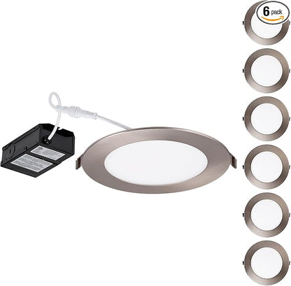 TORCHSTAR E-Lite Series 6 Inch Slim Recessed Lighting with J-Box, 13.5W Ultra-Thin LED Recessed Light, Dimmable Canless Downlight, ETL&ES Listed, CRI90, 3000K Warm White, Satin Nickel, Pack of 6