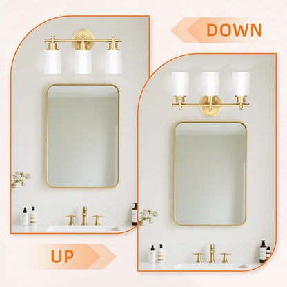 3-Light Gold Bathroom Vanity Light Fixtures, Brushed Gold Wall Sconce, Champagne Gold Vanity Light with Milky White Glass Shade Over Mirror, Bathroom, Bedroom, Modern Style, E26 Base