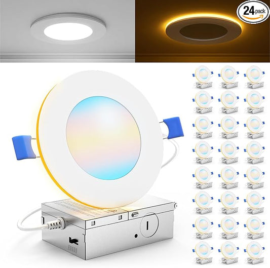 Sunco 24 Pack 4 Inch LED Recessed Lights with Night Light, Slim Ceiling Lighting, 900 LM, 11W (110W Equiv), Selectable CCT 2700K/3000K/3500K/4000K/5000K, Dimmable, Canless with Junction Box ETL