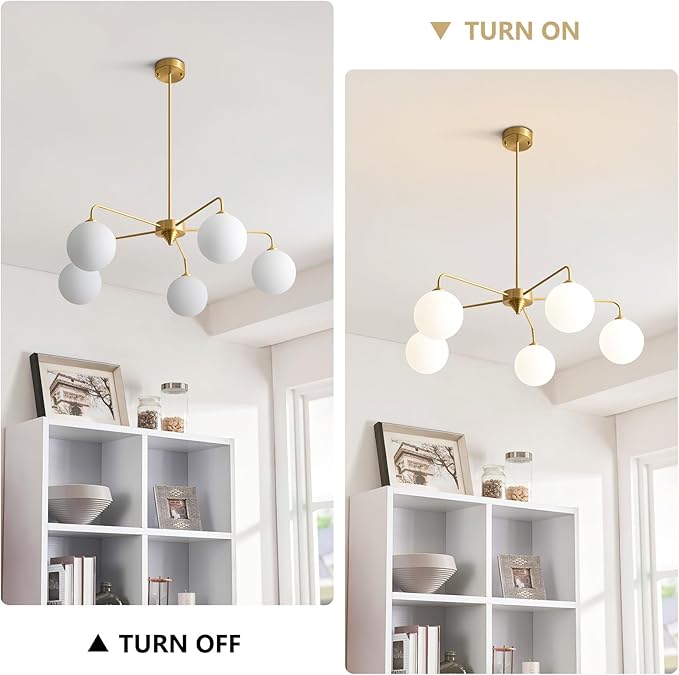 5 Light Modern Brass Chandelier Mid Century Gold Ceiling Light Fixture White Glass Globe Sputnik Chandelier for Dining Room Bedroom Kitchen