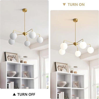 5 Light Modern Brass Chandelier Mid Century Gold Ceiling Light Fixture White Glass Globe Sputnik Chandelier for Dining Room Bedroom Kitchen