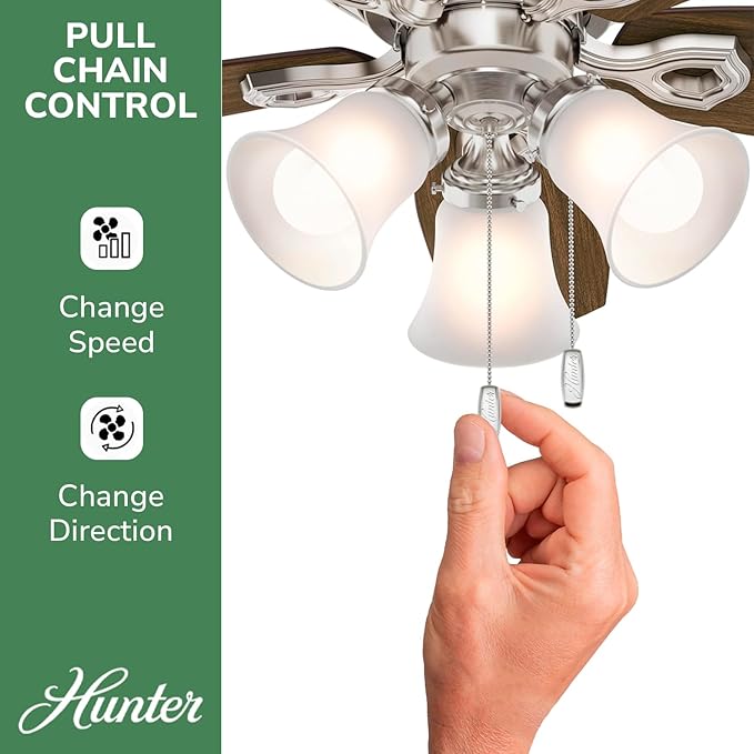 Hunter 42 inch Indoor Ceiling Fan with LED Lights - Ceiling Fan with Pull Chain, For Bedroom, Living Room, or Kitchen, Low Profile Flush Mount, No Remote, 5 Blades - Builder 51092, Brushed Nickel