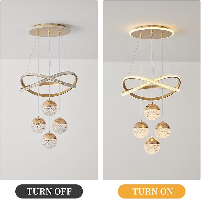 Gold LED Chandeliers, 3-Color Dimmable Pendant Light Dining Room Light Fixtures for Kitchen Island Adjustable Modern Chandeliers for Dining Room Living Room Bedroom