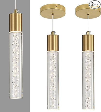 2 Pack Modern Kitchen Island Hanging Light, Gold LED Pendant Lights Fixture, Bubble Acrylic, 3 Color Temperatures, Mini Ceiling Chandelier Lighting for Dining Room, Bedroom, Foyer Entrance, Cafe Bar