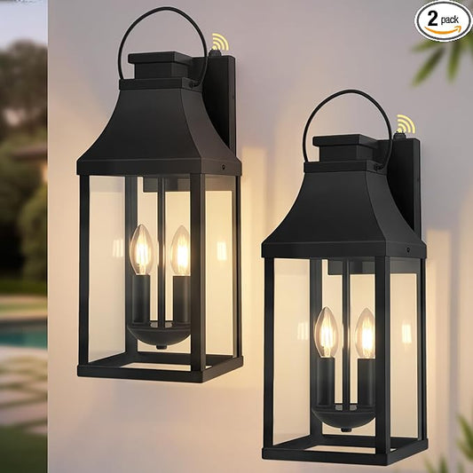 tewei Dusk to Dawn Outdoor Lighting Fixture, 20'' Large Porch Lights Outdoor Sconce Lights, 2-Light Black Exterior Lights for House Waterproof Outside Patio Lanterns for House Garage, 2-Pack