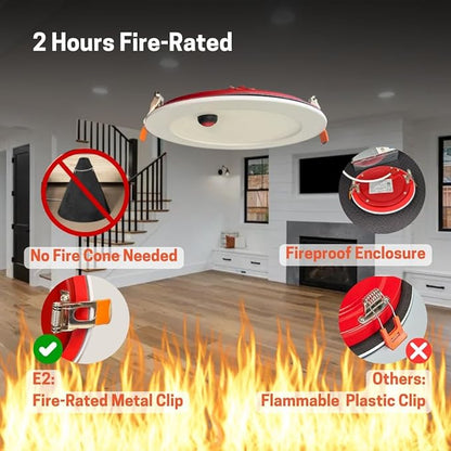 E2 LIGHTING 6 Inch Down Light with Battery Backup(2Hrs Fire-Rated), 5 CCT Tunable 2700K-5000K, Indoor Commercial and Residential Recessed Light,120-277V
