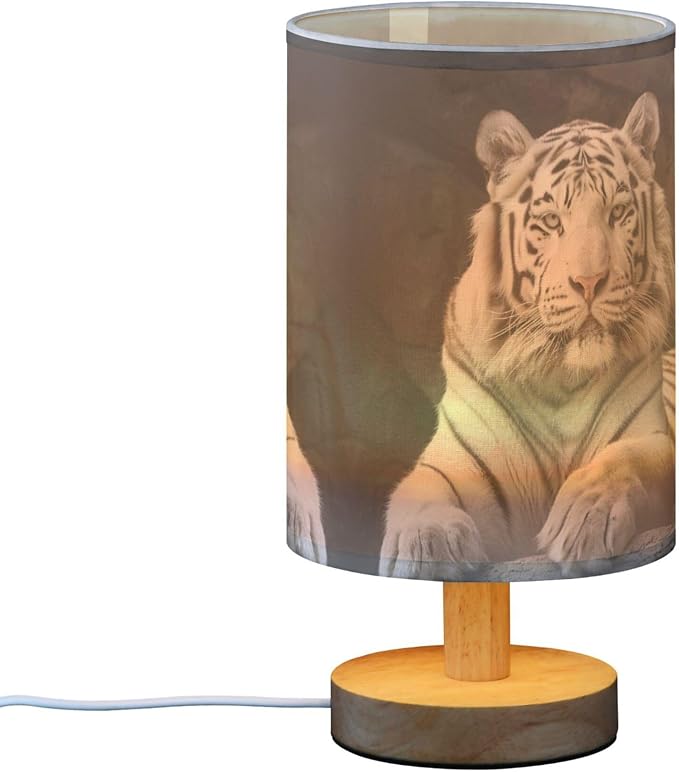 White Tiger Table Lamp with Wood Base Fabric Lamp Shade Bedside Nightstand Desk Lamp for Living Room Bedroom Kids Room Office
