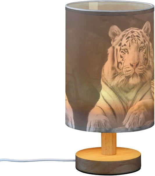 White Tiger Table Lamp with Wood Base Fabric Lamp Shade Bedside Nightstand Desk Lamp for Living Room Bedroom Kids Room Office