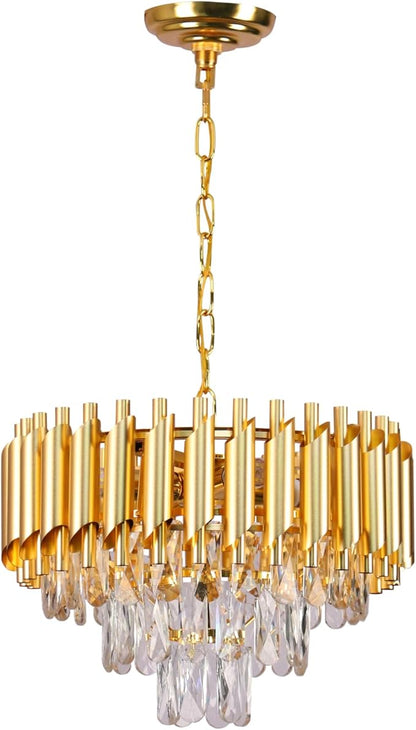 FRIXCHUR Gold Crystal Chandelier, 15.7" 3-Tier Raindrop Pendant Light, 5-Light E12 Modern Adjustable Ceiling Fixture for Dining Room Living Room Kitchen Island Foyer