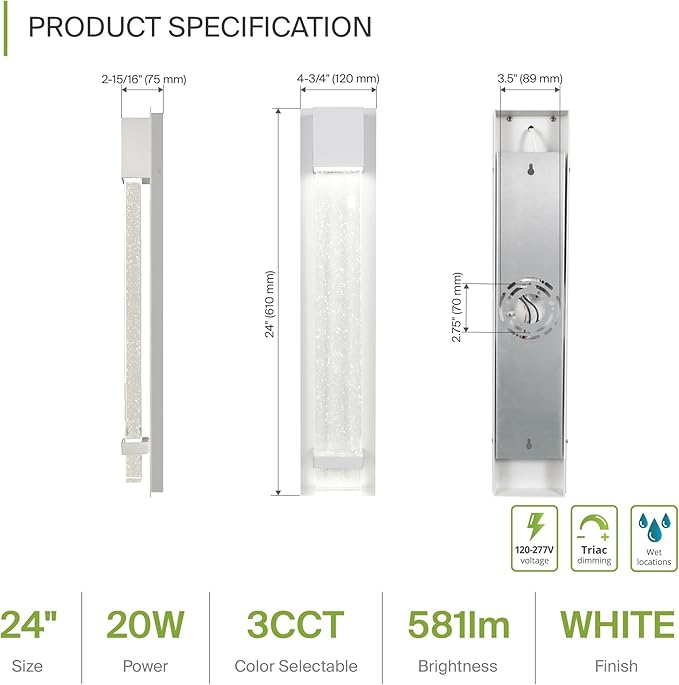 ASD LED 24" Bubble Glass Wall Light Fixture, Outdoor & Indoor Seeded Sconce | 3CCT, Waterproof, Dimmable, ETL Listed | 20W 600LM 3000-5000K 100-277V | Exterior Lantern, Porch Lighting | White, 4 Pack