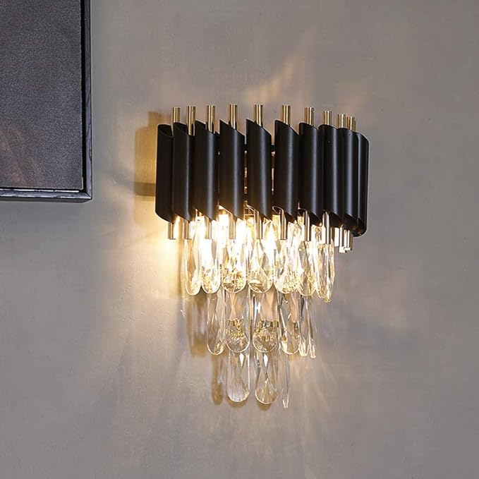 FRIXCHUR Modern Crystal Wall Sconce Lighting Black Crystal Wall Light Fixture Bedside Light 3 Tiers Crystal Wall Lamp for Bedroom Bathroom Dinning Living Room Hallway 2X E12 Base