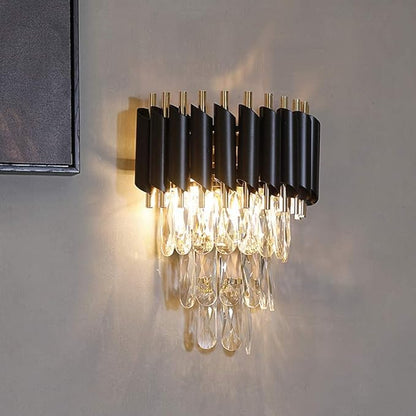 FRIXCHUR Modern Crystal Wall Sconce Lighting Black Crystal Wall Light Fixture Bedside Light 3 Tiers Crystal Wall Lamp for Bedroom Bathroom Dinning Living Room Hallway 2X E12 Base