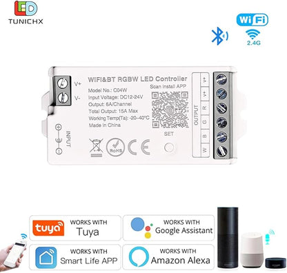 C04W RGBW LED Controller, Tuya WiFi 2.4G RF, 5Pin PWM for SMD FCOB Strip, APP & Voice Control, Compatible with Alexa Google Home, Compatible with WR01RF RC03RFB RC04RFB RC05RFB Remote