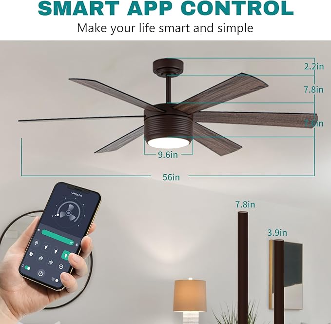 SHOWDI Ceiling Fan with Lights and Remote, 6 Blade App Control Timer Reversible Stepless Brightness and Color Temperature Outdoor Wood Ceiling Fan with Lights (Brown, 56 Inch)