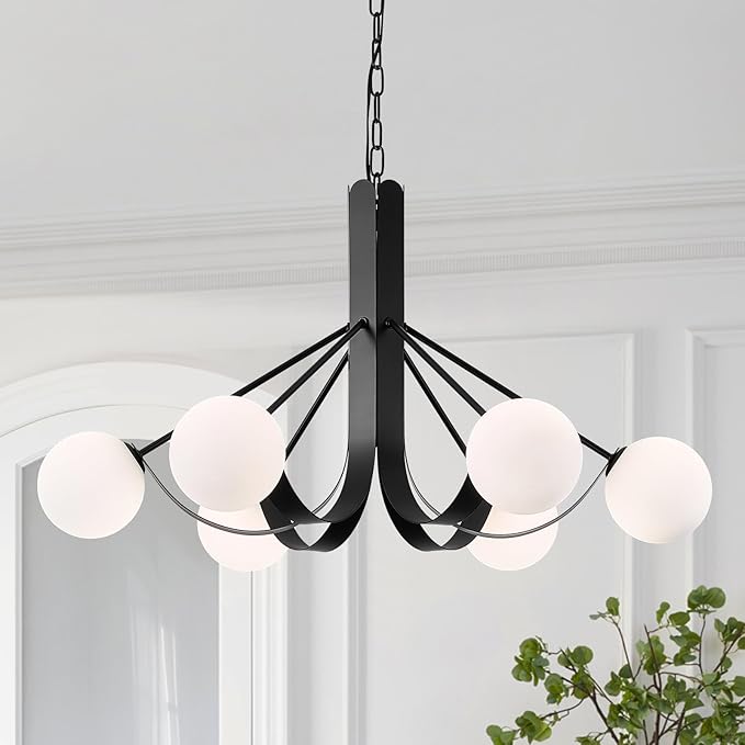 Modern Living Room Chandelier with Chain 33in Frosted Glass Kitchen Chandeliers Sputnik Black Dining Table Light Fixture 6 Light Mid-Century Chandeliers Light for Bedroom Entry Foyer