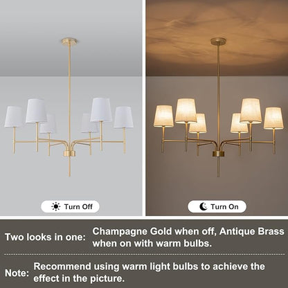 Alynzee Gold Chandeliers for Dining Room, 6-Light Modern Chandelier Light Fixture Over Table, with White Fabric Shade, 34" Large Transitional Kitchen Pendant Lights for Living Room Bedroom Foyer
