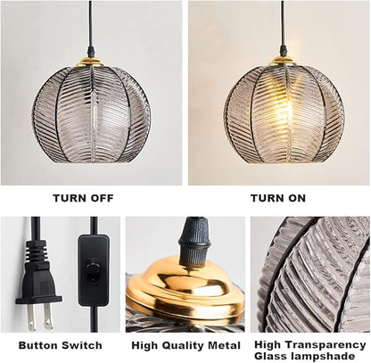 Plug in Glass Pendant Light Mid-Century Modern Striped Grey Glass Hanging Ceiling Lighting Fixture with 14.7FT Cord, Globe Decor Chandelier For Living Room, Bedroom, Dining Hall, Kitchen (Smoke Grey)
