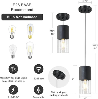 Black Pendant Light Fixtures, Adjustable Modern Pendant Lights for Kitchen Island, Industrial Clear Glass Pendant Lights for Dining Table Hallway Bedroom Living Room, 1 Pack