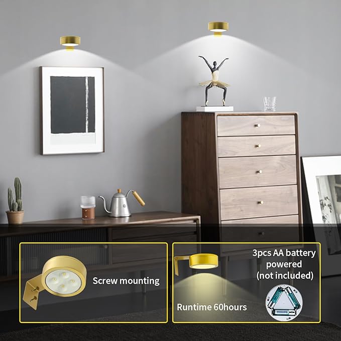6pcs Wall Picture Light Battery Operated, Painting Light with Remote, Wall Picture Lighting Wireless Indoor with 3 Lighting, Art Display Led Lighting Brightness Dimmable for Frame Gallery Portrait