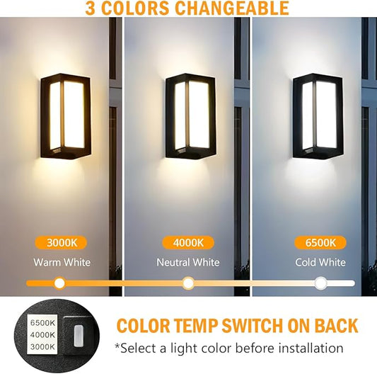 wowlite Modern Outdoor Wall Lights 2 Pack, LED Outdoor Wall Sconce 3 Colors Changeable, Matte Black Exterior Lighting Fixtures, IP65 Waterproof Outside Lights for House Porch Front Door