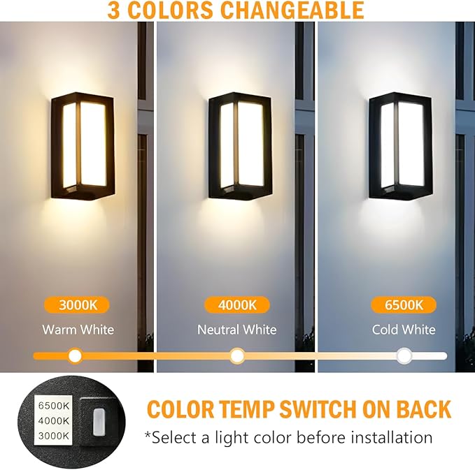 wowlite Outdoor Lights for House LED, 12W Modern Porch Light 3000K 4000K 6500K 3 Colors Changeable, Aluminum Outdoor Light Fixture Wall Mount, Exterior Lighting Fixtures for Garage Garden Patio