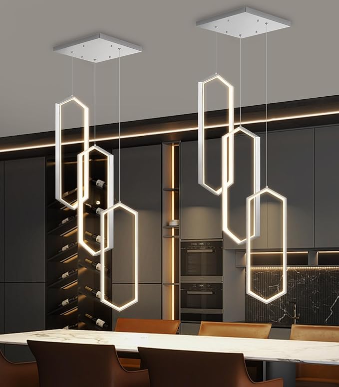 3-Rings Dimmable Pendant Lighting Adjust LED Chandelier Ceiling Light Fixtures for Kitchen Island Dining Room Living Room Bedroom Silver