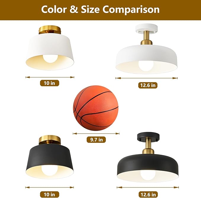 Modern Semi Flush Mount Ceiling Light,Mid Century Hallway Ceiling Light Fixture,E26 Ceramic Lamp Head,White and Gold Light Fxiture Ceiling for Kitchen Entryway Bedroom Hall Entry (12.6 in)