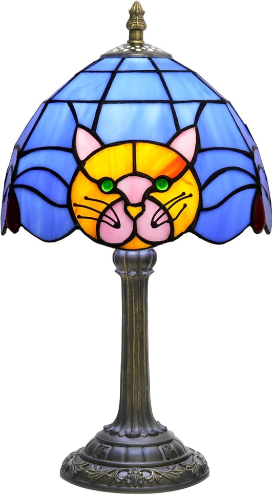 Stained Glass Table Lamp 8 Inch Orange Warm Ambient Lighting Bedroom Small Nightstand Dorm Cafe Office Corner Vintage Home Decoration Table Lamp Blue Cute Cat Lamp