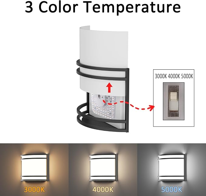15W LED Indoor Wall Sconce, 3000K/4000K/5000K Color Temperature, Dimmable Modern Indoor Wall Mount Half Cylinder Light Fixture for Hallway Bedroom, Matt Black, 2 Pack