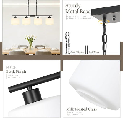 4-Light Kitchen Island Lighting, Modern Black Linear Dining Room Chandelier Light Fixtures with Milk Glass and Chain, Farmhouse Hanging Lights for Kitchen Island Dining Room, OS-YQ8153-4ISBKW
