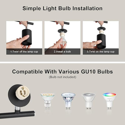 Ketom 4-Light Track Lighting Fixtures Ceiling, GU10 Black Led Ceiling Spotlight, Modern Track Light Kit for Kitchen Hallway Living Room