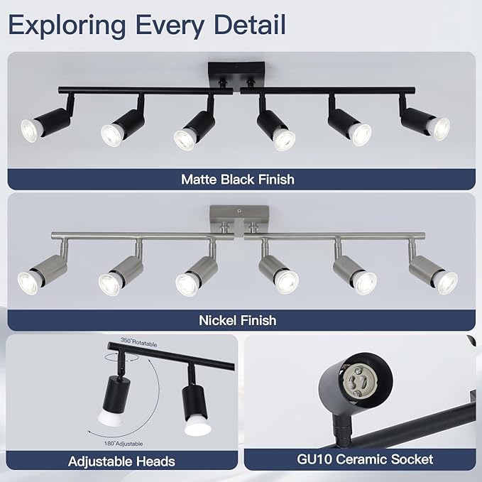 6-Light Kitchen Track Lighting, Black Adjustable GU10 Track Ceiling Light Kit, Industrial Flush Mount Ceiling Spotlight Fixture for Hallway, Dining Room