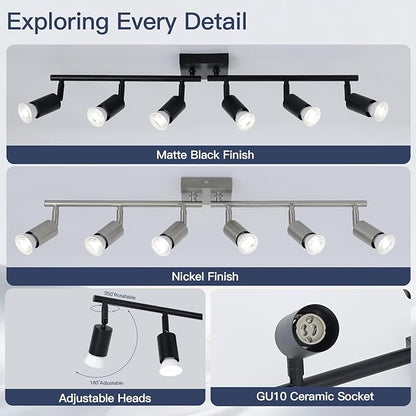 6-Light Kitchen Track Lighting, Black Adjustable GU10 Track Ceiling Light Kit, Industrial Flush Mount Ceiling Spotlight Fixture for Hallway, Dining Room