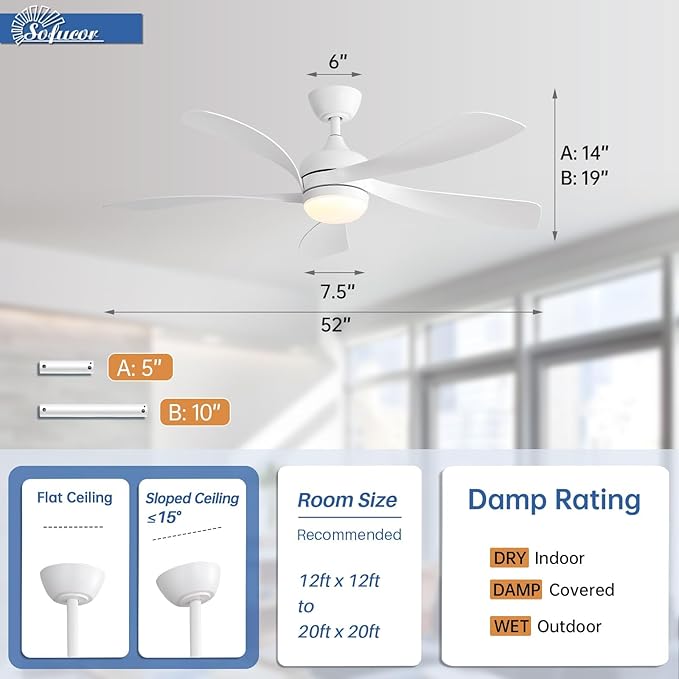 Sofucor 52" Smart Ceiling Fan, Indoor/Outdoor White Ceiling Fans with Lights and Remote, Works with Alexa/Google/App, 3-Color Light 6-Speed Timing Reversible DC Motor for Bedroom Living Room Patio