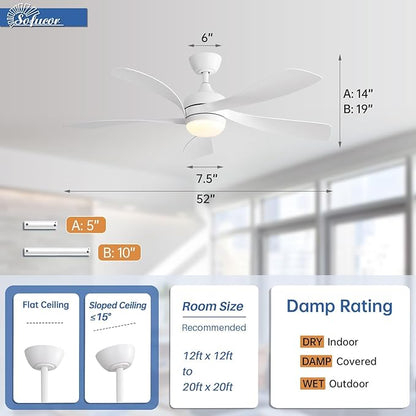 Sofucor 52" Smart Ceiling Fan, Indoor/Outdoor White Ceiling Fans with Lights and Remote, Works with Alexa/Google/App, 3-Color Light 6-Speed Timing Reversible DC Motor for Bedroom Living Room Patio