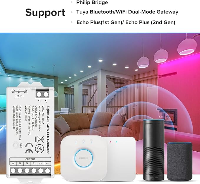 BTF-LIGHTING Tuya Zigbee 3.0 C04Z LED Controller Support RGBW 5pin (+V R G B W) PWM FCOB COB SMD Light Strip Compatible with Echo Plus/4th Gen Philip Gateway DC5V/DC12V/DC24V Max 15A