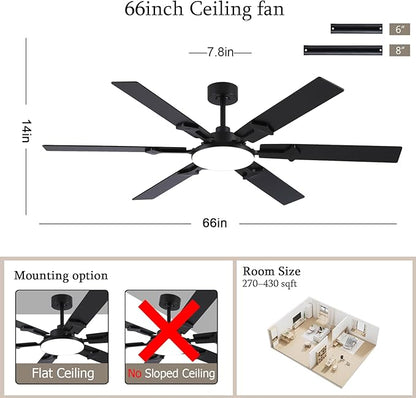 NKPU 66 Inch Large Ceiling Fans with Lights and Remote, Black Modern Indoor/Outdoor Ceiling Fan for Living Room Kitchen Patio, 6 Speed Reversible DC Motor, 3 CCT Lighting, Dual Finish 6 Blades
