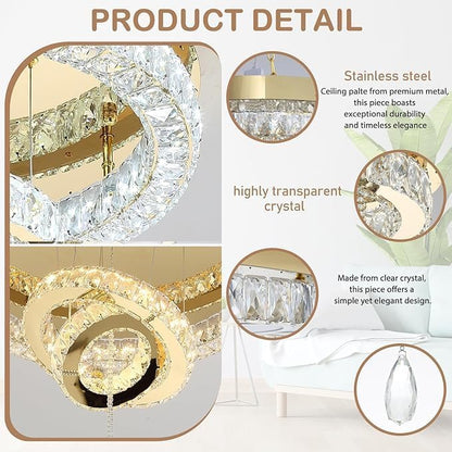 Flashing God Dia 32'' Modern Chandeliers for Living Room Crystal Flush Mount Ceiling Chandelier Large Chandeliers for Dining Room Bedroom LED Dimmable 3000-6000K Gold