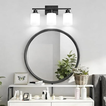 Unicozin 3-Light Bathroom Light Fixtures, Modern Black Vanity Light Over Mirror, Wall Sconces with Milky White Glass Shades for Living Room Bedroom Hallway E26 Base