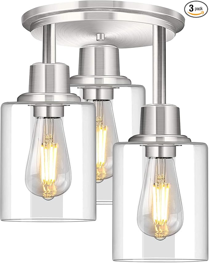 ROTTOGOON Semi Flush Mount Ceiling Light, 3 Light Close to Ceiling Light Fixtures, Brushed Nickel Finish Kitchen Light Fixtures with Clear Glass Shades, Modern Hallway Light Fixtures Ceiling Mount