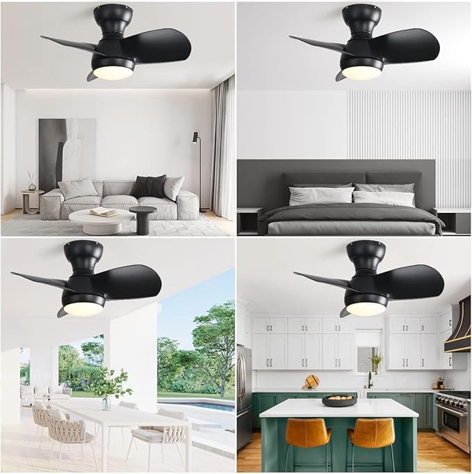 KEIKI 23 Inch Ceiling Fans with Lights & Remote Indoor, Outdoor Modern Ceiling Fan, Small Noiseless Fan w/Dimmable & Timer for Bedroom & Kitchen, 3 ABS Blades & 6 Speed Reversible DC Motor, Black