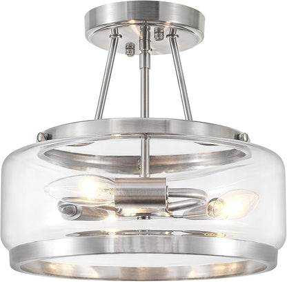 Brushed Nickel Modern Ceiling Lights 3-Light Hallway Light Fixtures Semi Flush Mount Kitchen Ceiling Lighting Drum Glass Entryway Chandelier for Bathroom Foyer Laundry Dining Room Bedroom